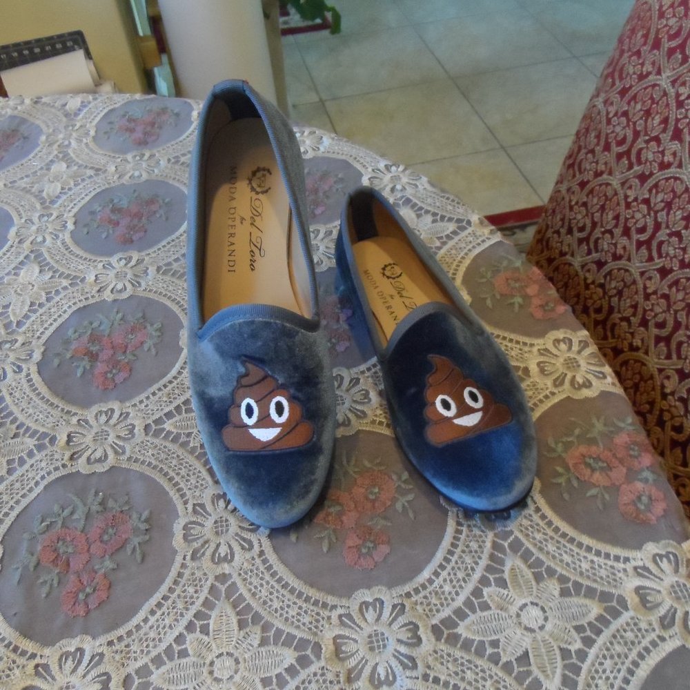 Del Loro Light Blue Velvet Poop Emoji Slip On Loafers Size 6.5M